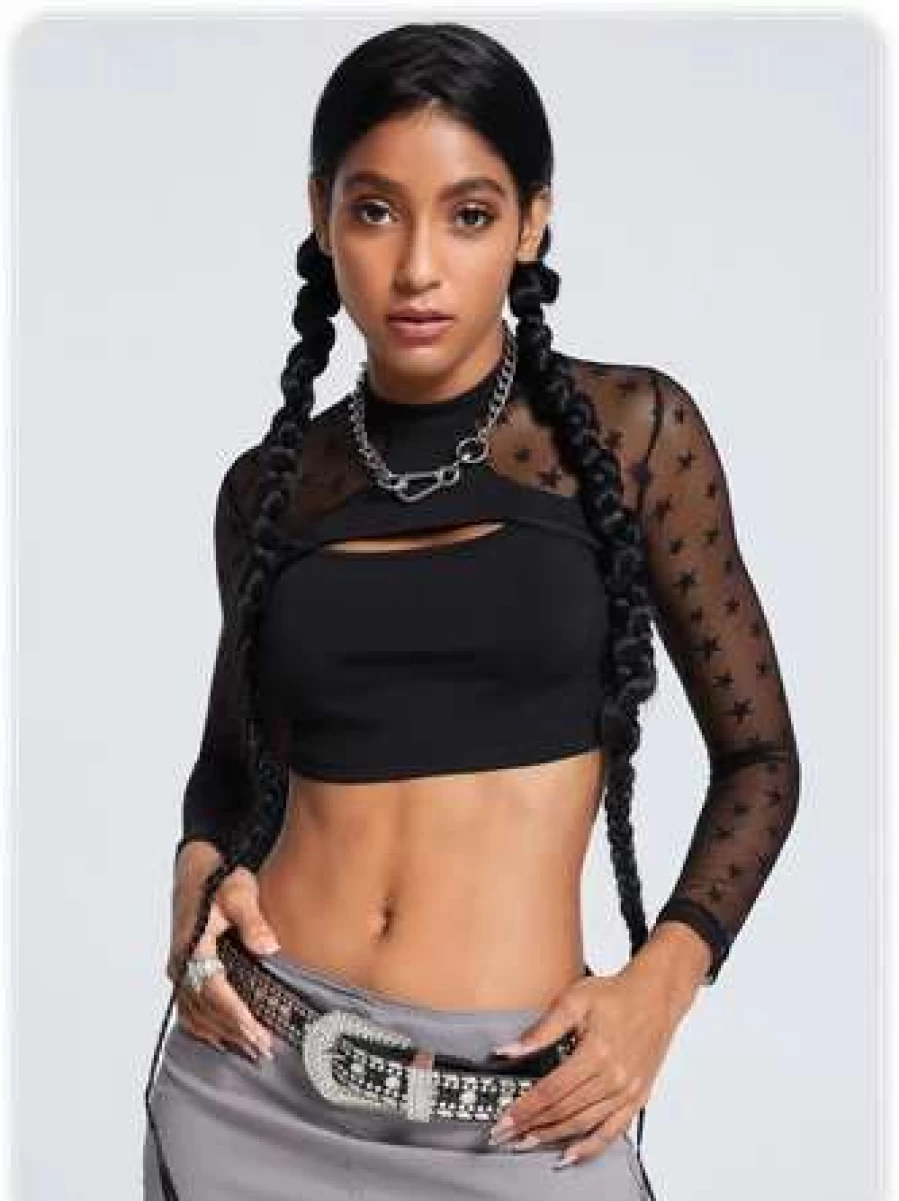 Black Y2K Mesh Star Graphic T-Shirt for Women Trendy Retro Top