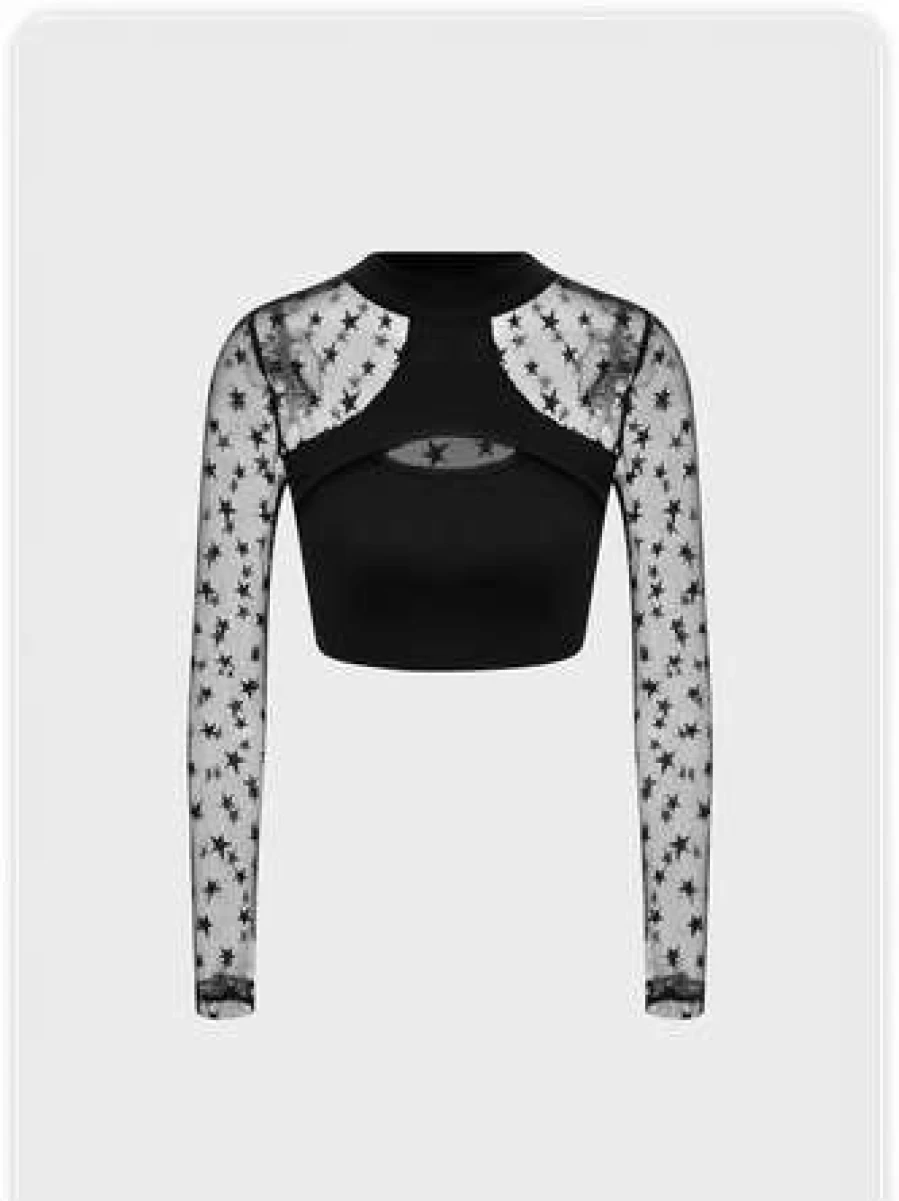 Black Y2K Mesh Star Graphic T-Shirt for Women Trendy Retro Top