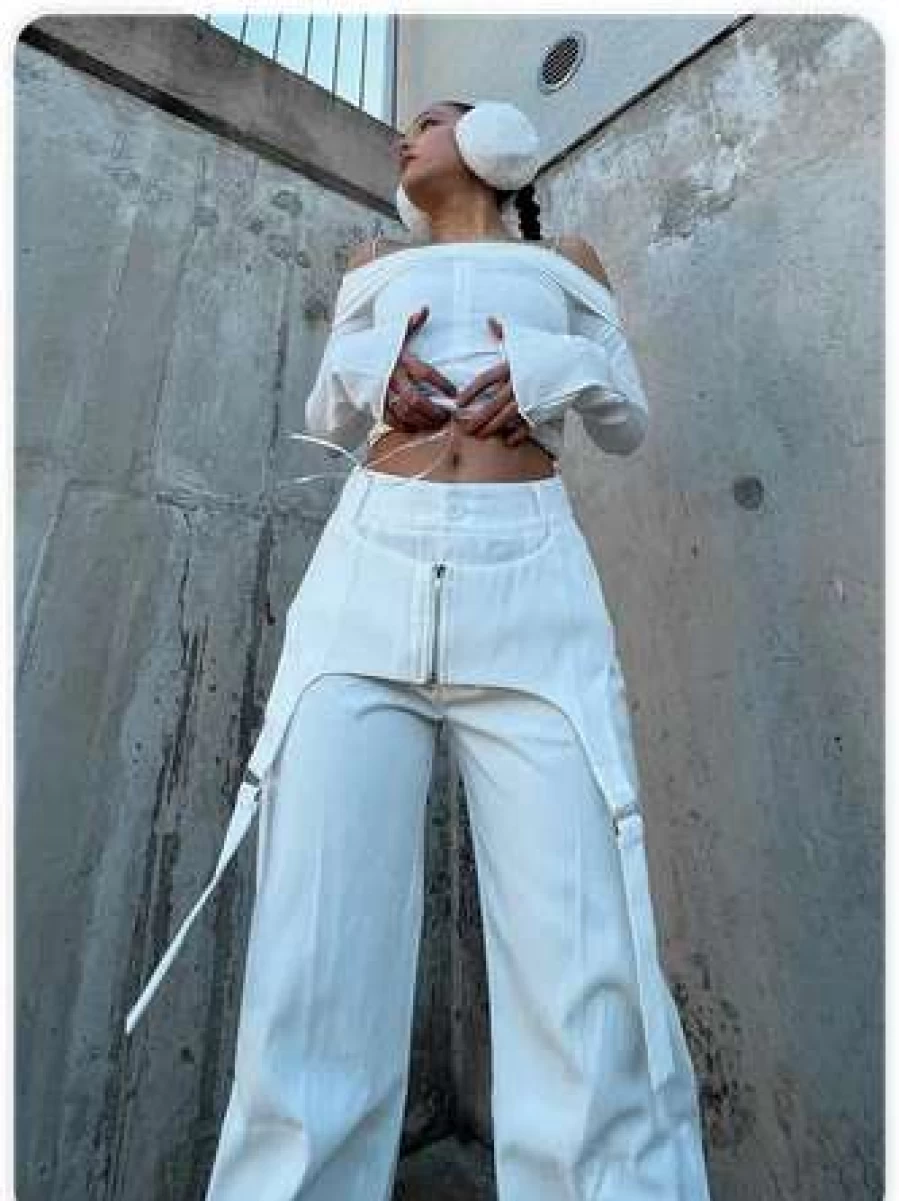 White Kollyy Punk Double Layer Metal Bottom Pants for Men and Women