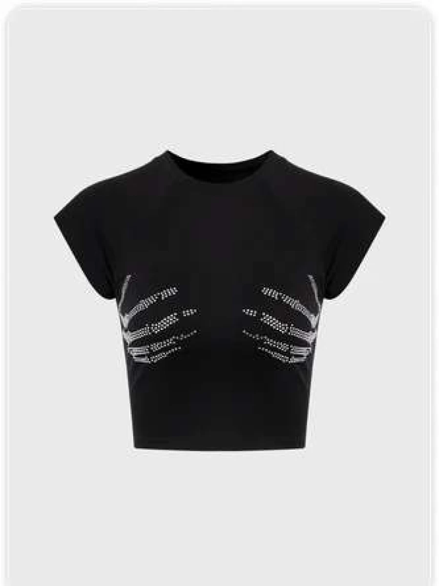 "Black Punk Graphic Print T-Shirt - Edgy Hand & Body Art Top"