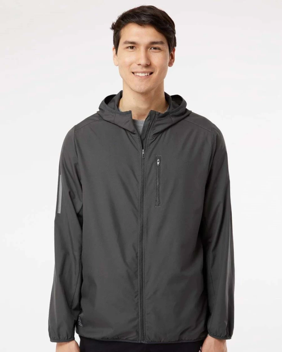 Adidas Men's Lightweight Hooded Windbreaker Jacket with Full Zip for Outdoor Sports