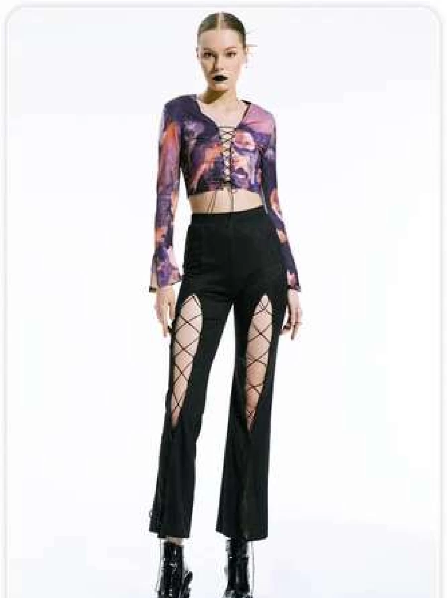 "Black Kollyy Cut-Out Lace-Up High-Waisted Pants for Women"