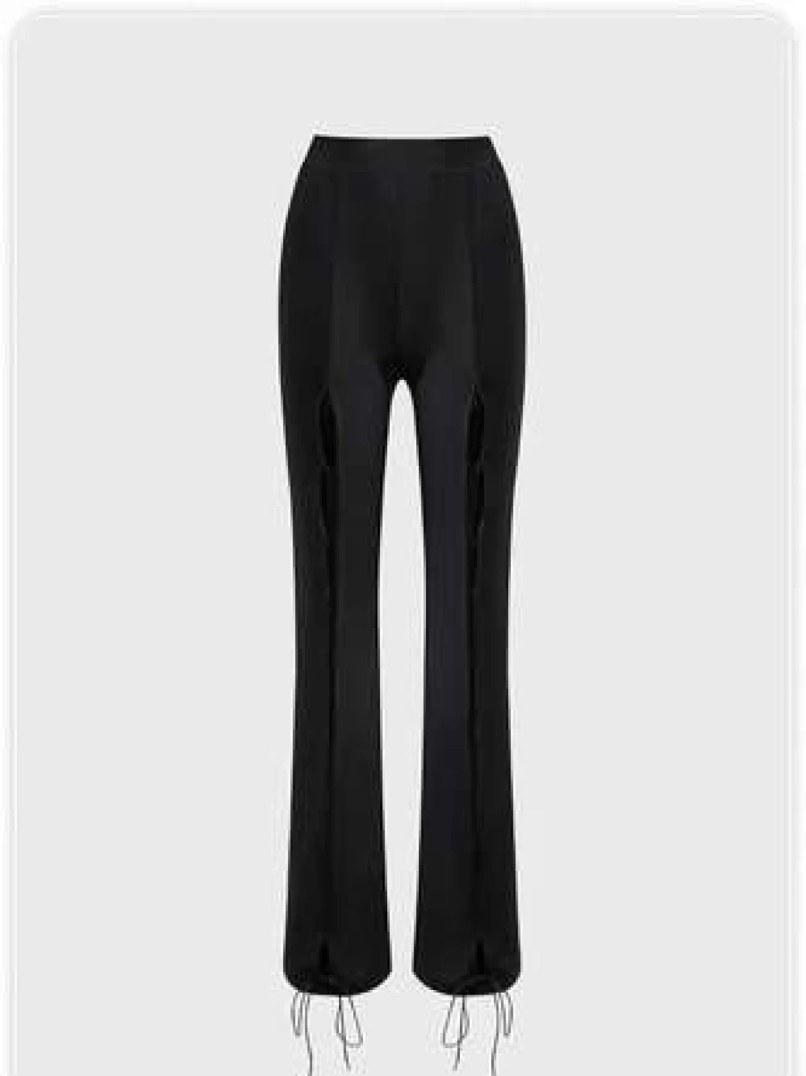 "Black Kollyy Cut-Out Lace-Up High-Waisted Pants for Women"