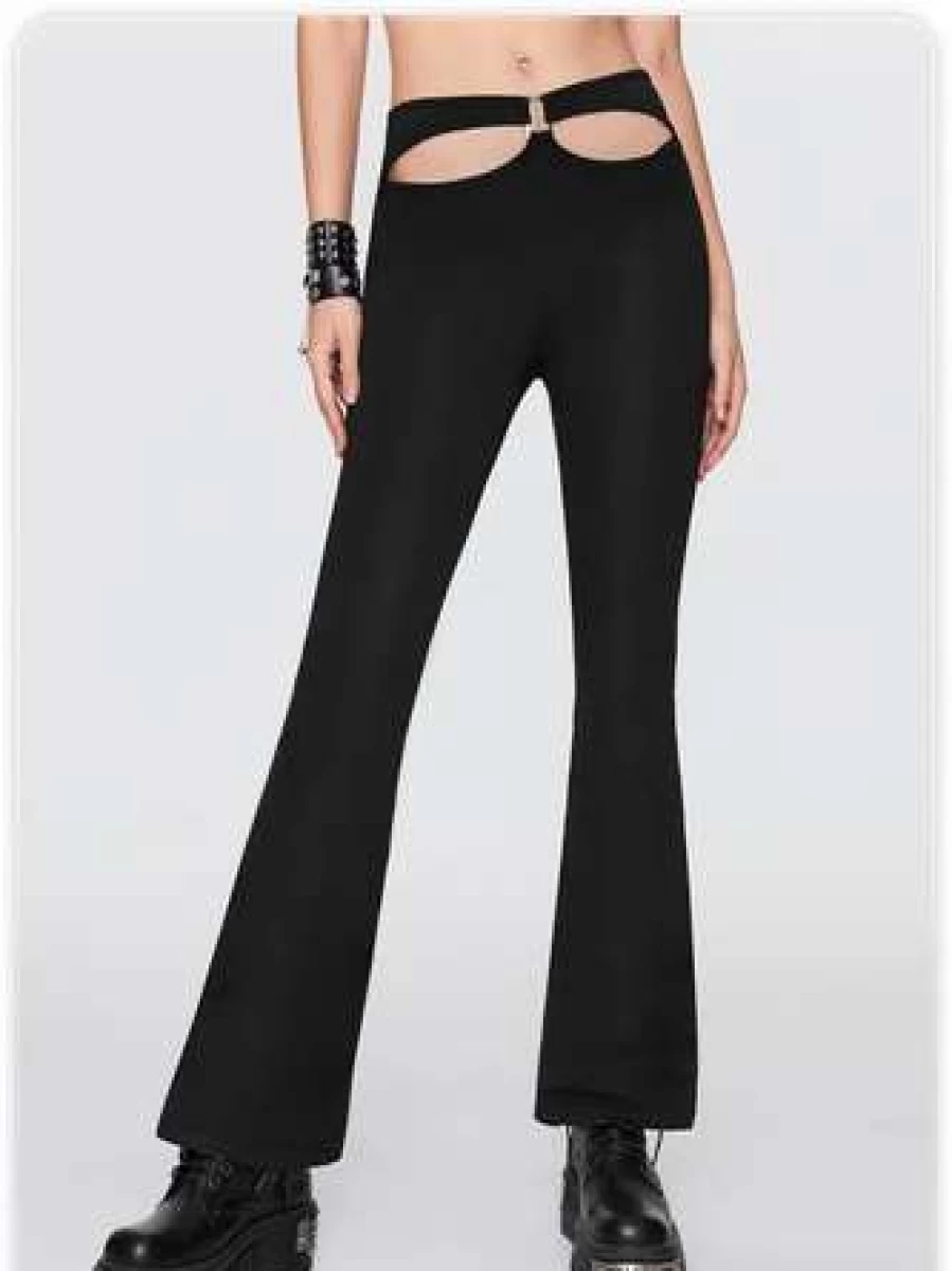 Black Punk Cut Out Flare Pants with Metal Detail - Kollyy Edgy Gothic Bottoms