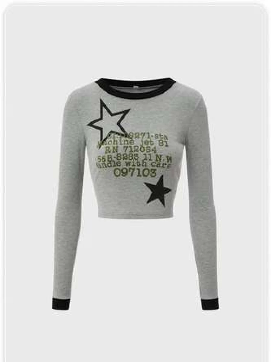 "Kollyy Street Letter Star Graphic T-Shirt in Gray"
