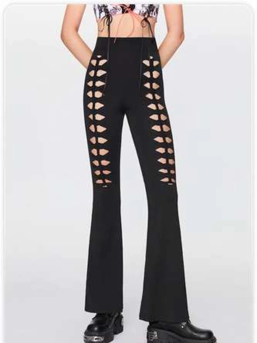 Black Y2K High-Waisted Cut-Out Flare Pants with Retro Vintage Design