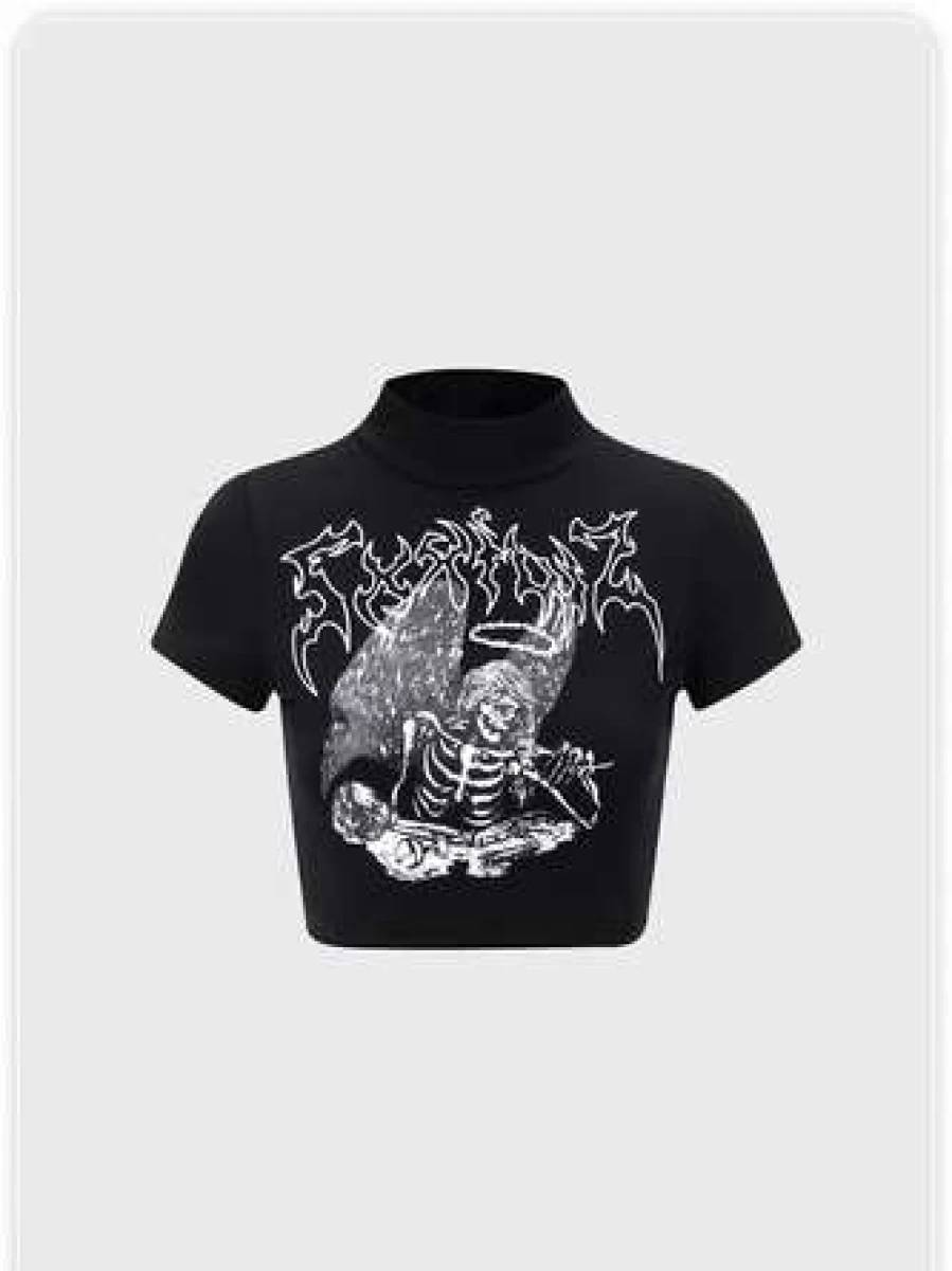 "Black Skull Print Short Sleeve Halloween T-Shirt for Men and Women"