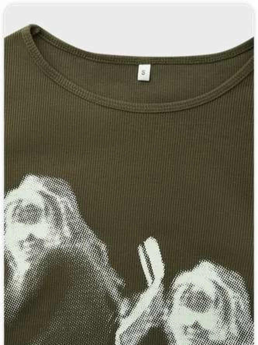 Kollyy Army Green Street Figure Graphic Top T-Shirt for Men and Women