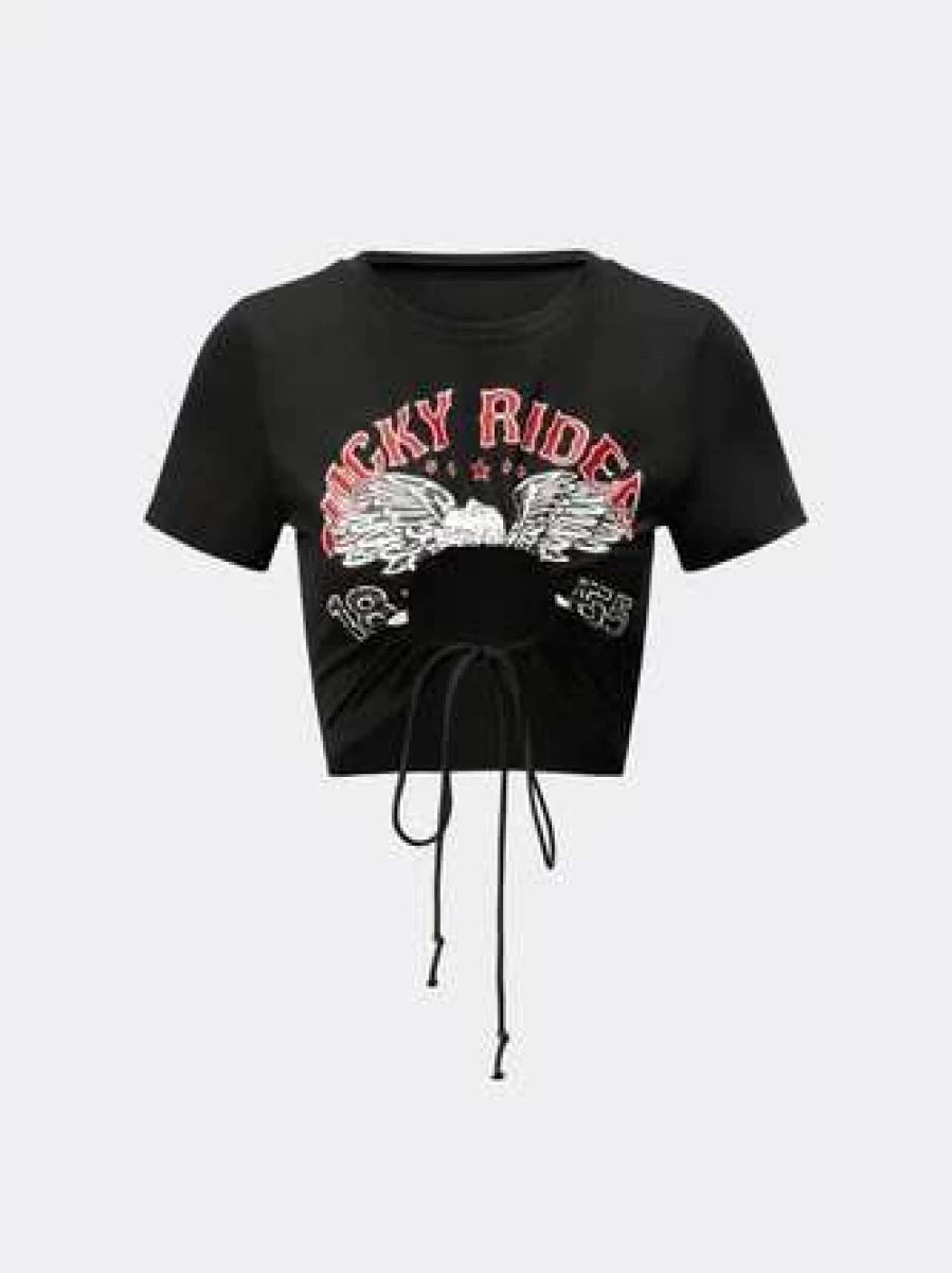 "Kollyy Black Streetwear Graphic Drawstring Cut Out T-Shirt for Women"
