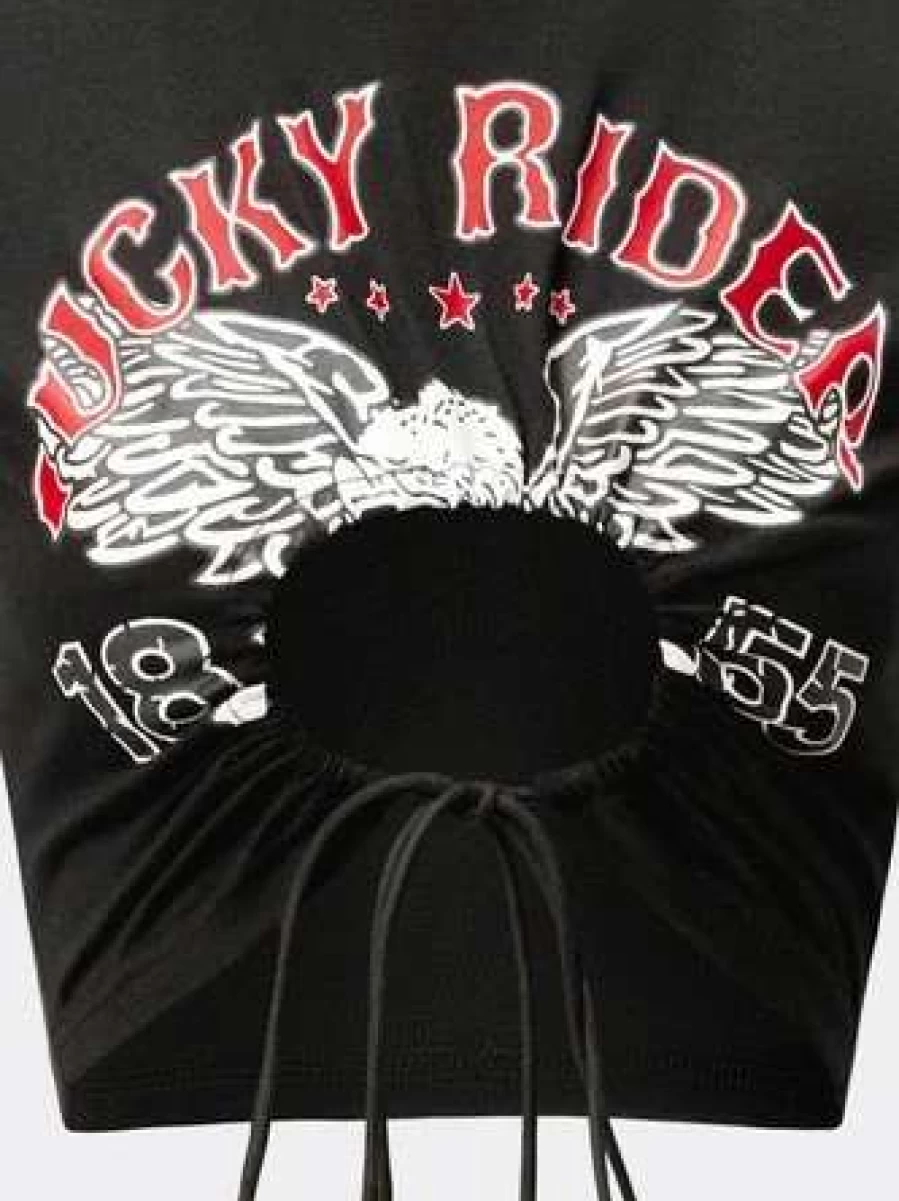 "Kollyy Black Streetwear Graphic Drawstring Cut Out T-Shirt for Women"