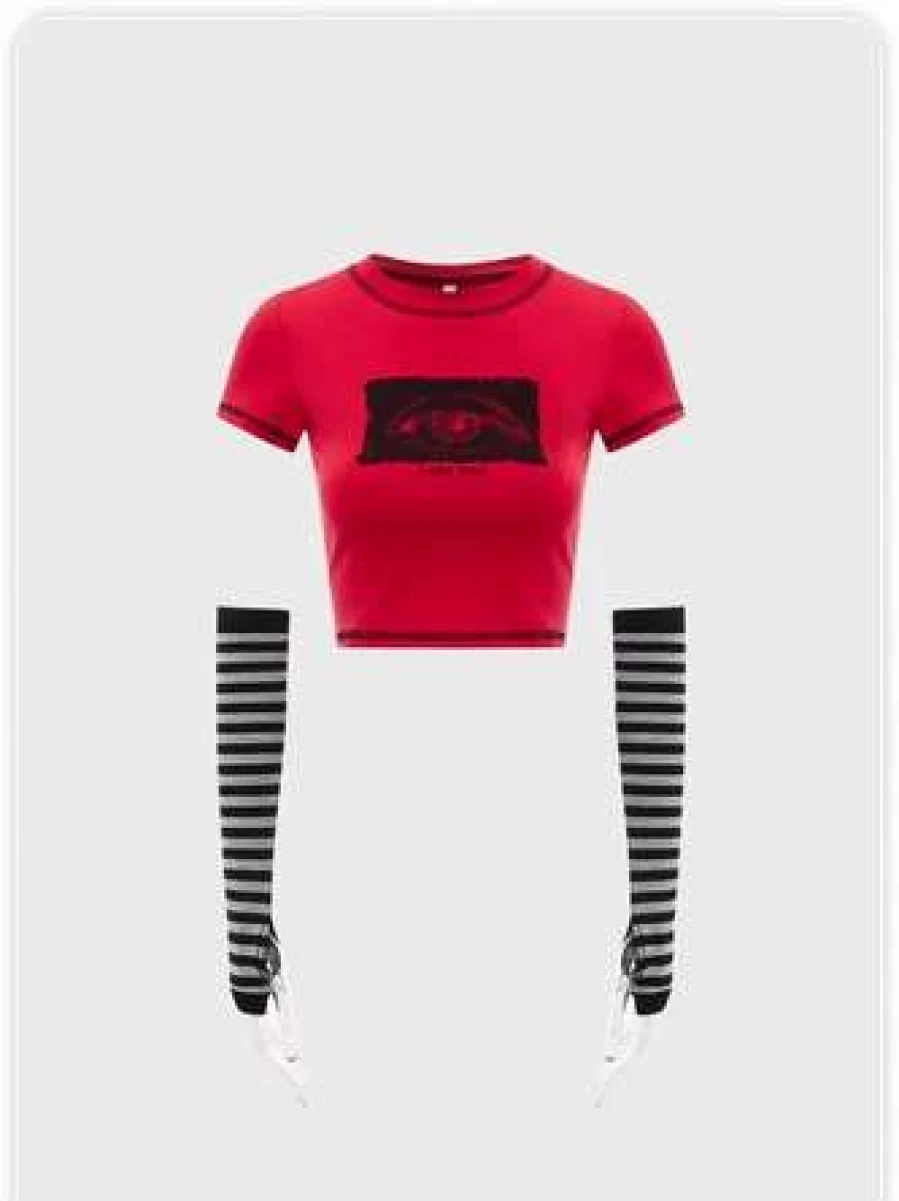 "Red Punk Letter Tie Design Halloween T-Shirt | Kollyy Alternative Fashion Top"