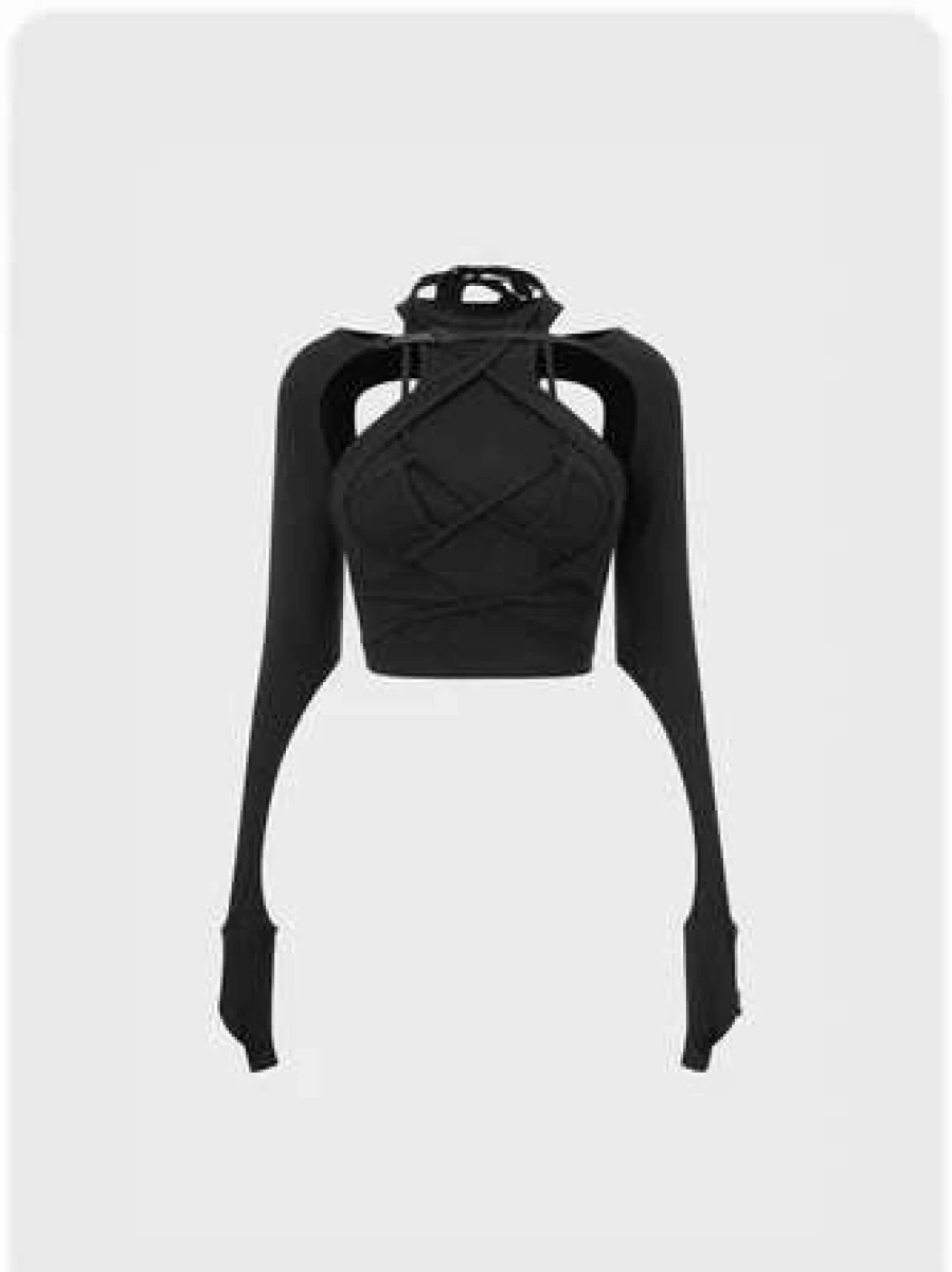 Kollyy Punk Black Lace-Up Cut Out T-Shirt Edgy Gothic Top