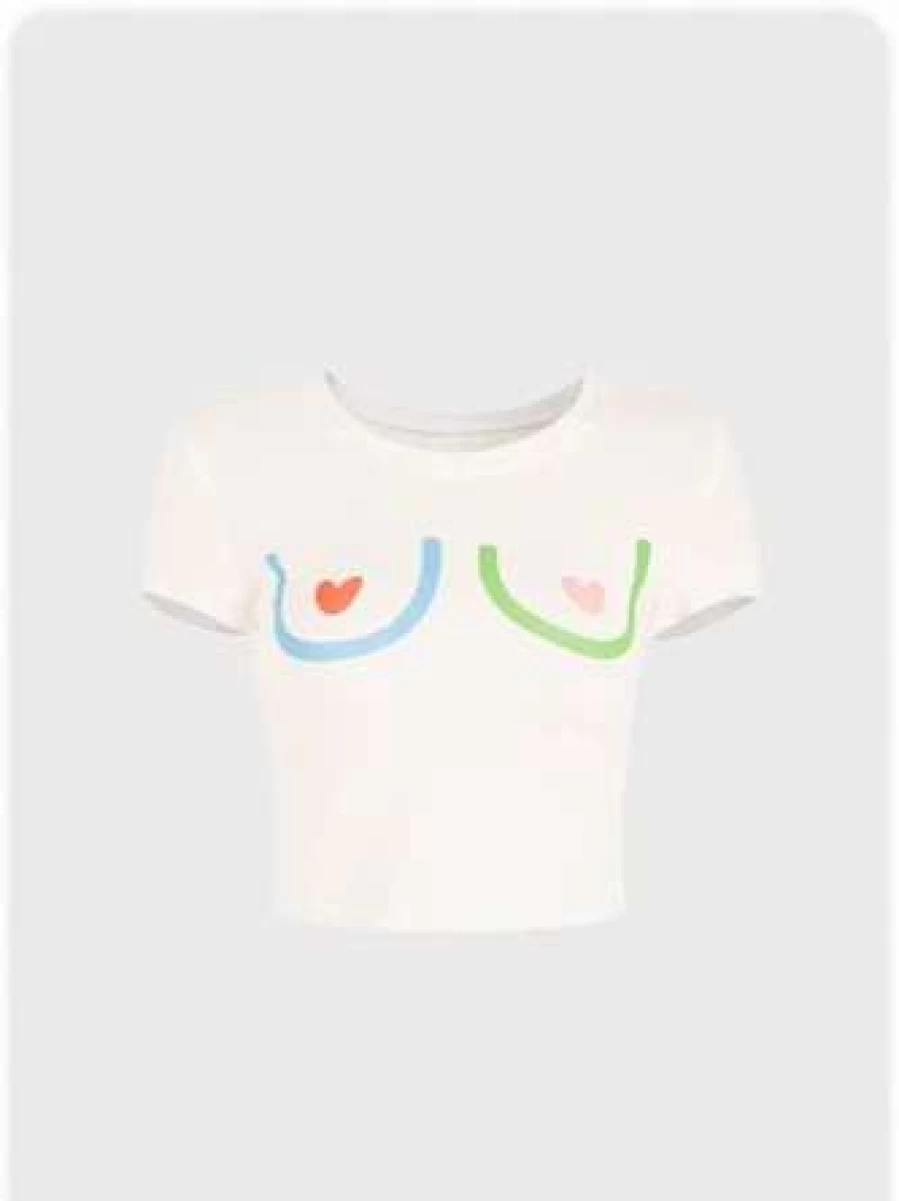 "Kollyy White Cartoon Street Style Short Sleeve T-Shirt for Women"