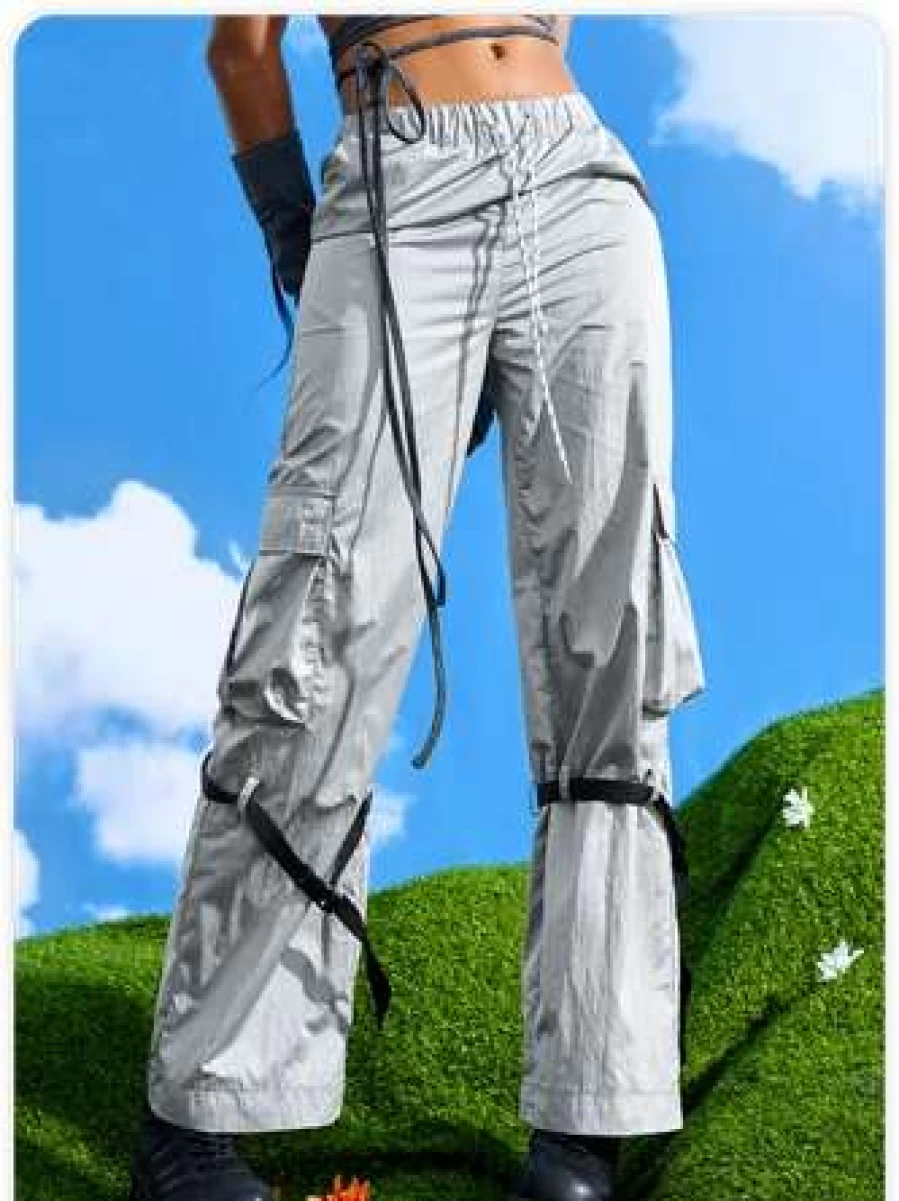 Kollyy Gray Street Style Lace-Up Pants with Pockets