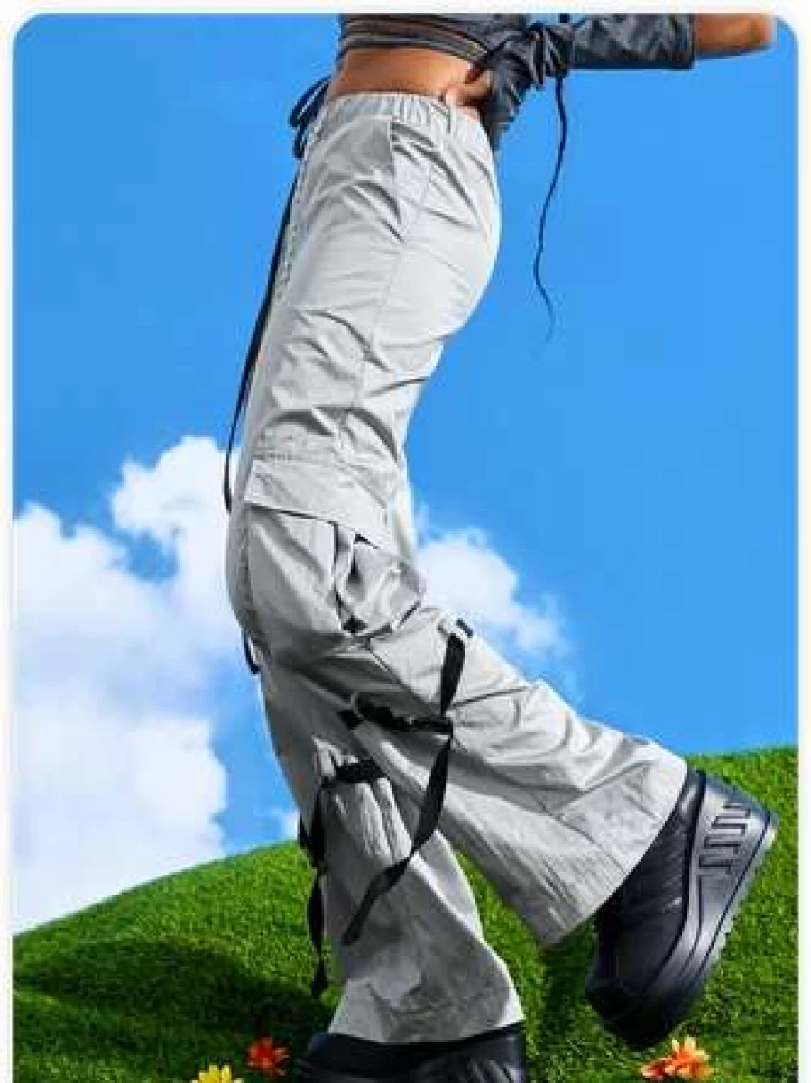 Kollyy Gray Street Style Lace-Up Pants with Pockets
