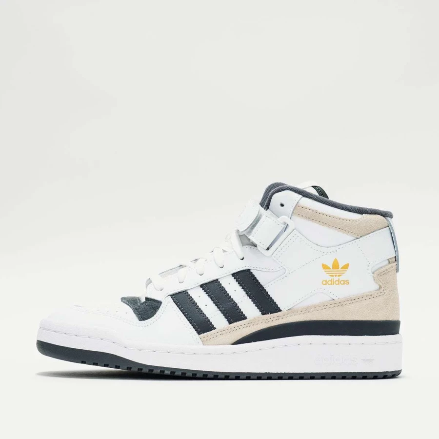 Adidas Forum Mid Sneakers in Cloud White, Grey Five & Gold Metallic Colorway