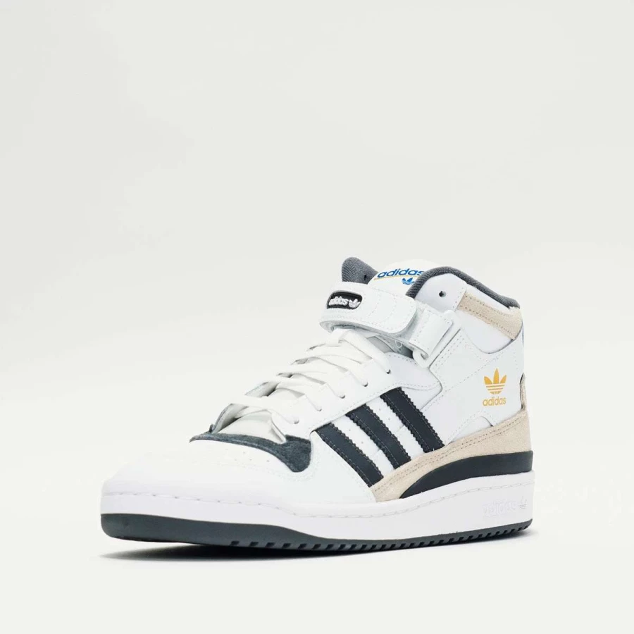 Adidas Forum Mid Sneakers in Cloud White, Grey Five & Gold Metallic Colorway