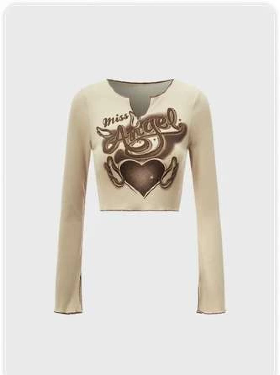 Y2K Heart Pattern Notched Top T-Shirt in Khaki - Trendy Vintage Style Tee
