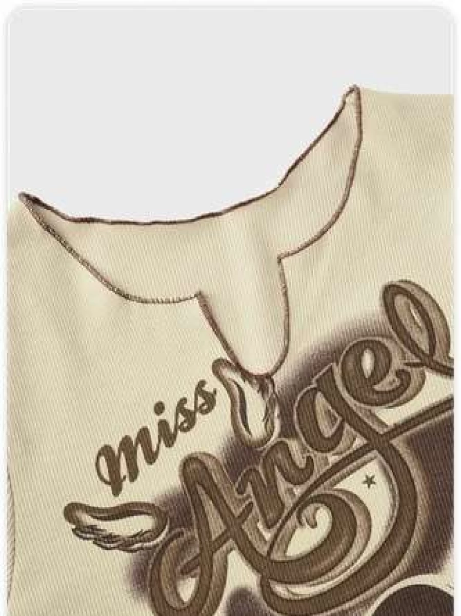 Y2K Heart Pattern Notched Top T-Shirt in Khaki - Trendy Vintage Style Tee
