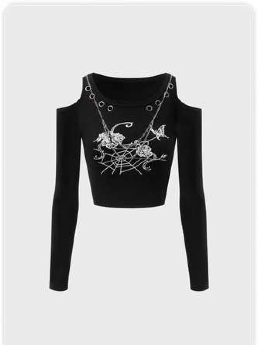 "Black Punk Graphic Cold Shoulder T-Shirt with Metal Chain Detail for Halloween"