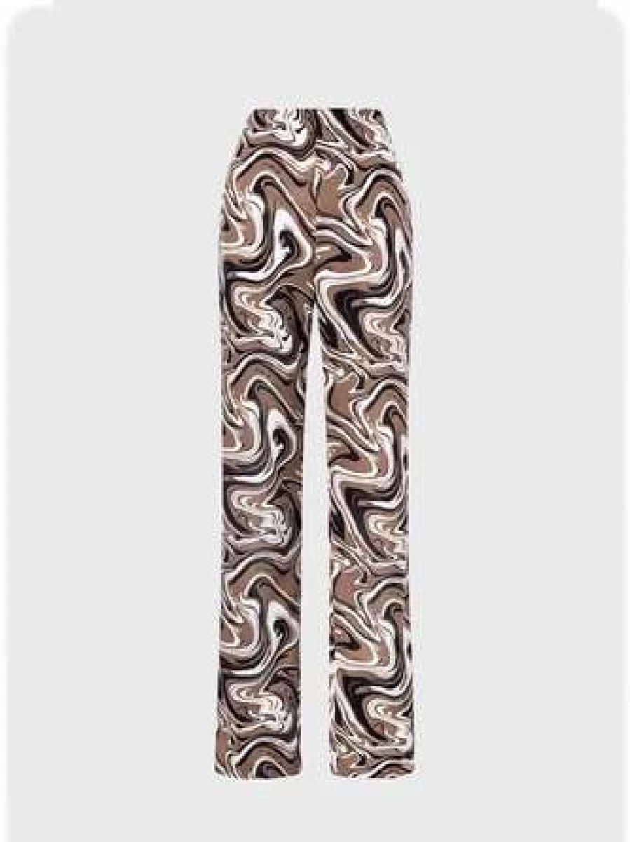 Y2K Water Wave Flared Pants in White and Brown Retro Print