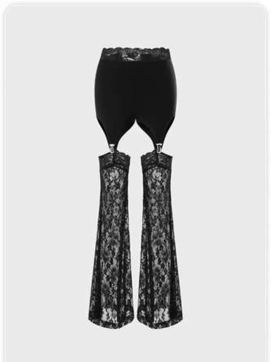 Black Punk Lace Tiered Flare Pants for Halloween - Gothic Bottom Trousers with Layered Design