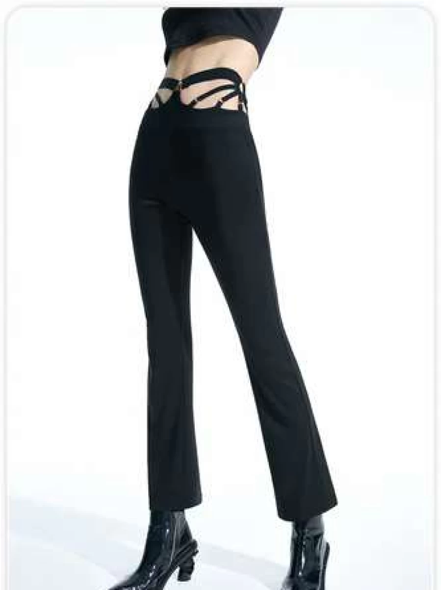 Black Kollyy Edgy High-Waist Metal Cut Out Detail Flare Pants for Women