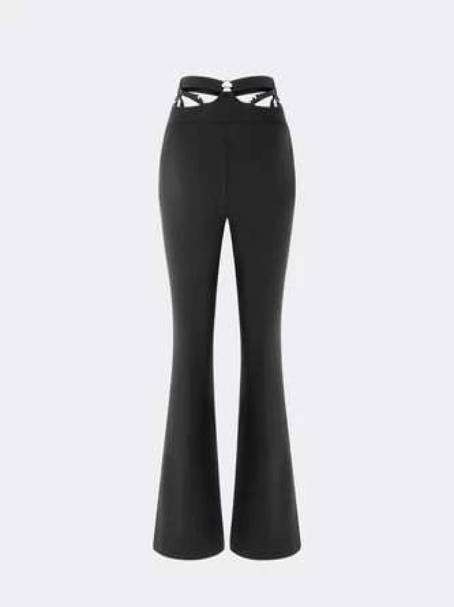 Black Kollyy Edgy High-Waist Metal Cut Out Detail Flare Pants for Women