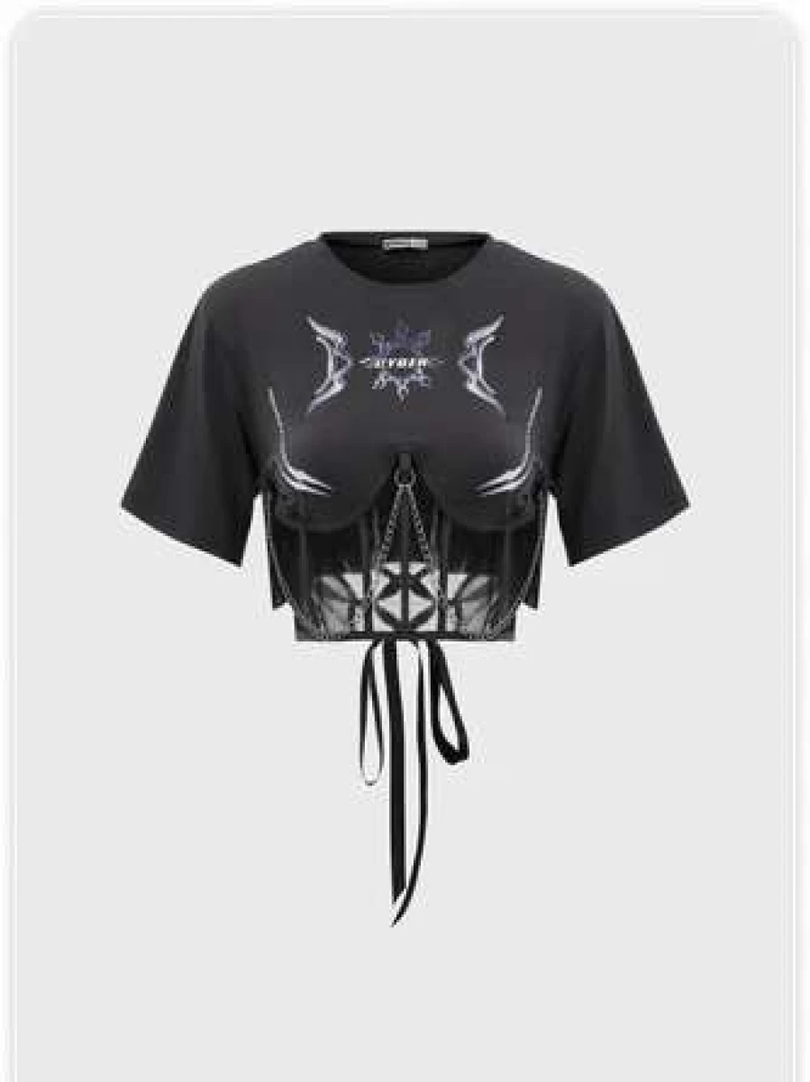 "Kollyy Gray Streetwear Graphic Patchwork Lace-Up T-Shirt for Men & Women"