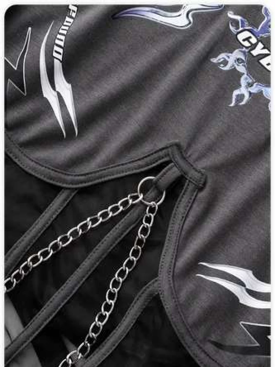 "Kollyy Gray Streetwear Graphic Patchwork Lace-Up T-Shirt for Men & Women"