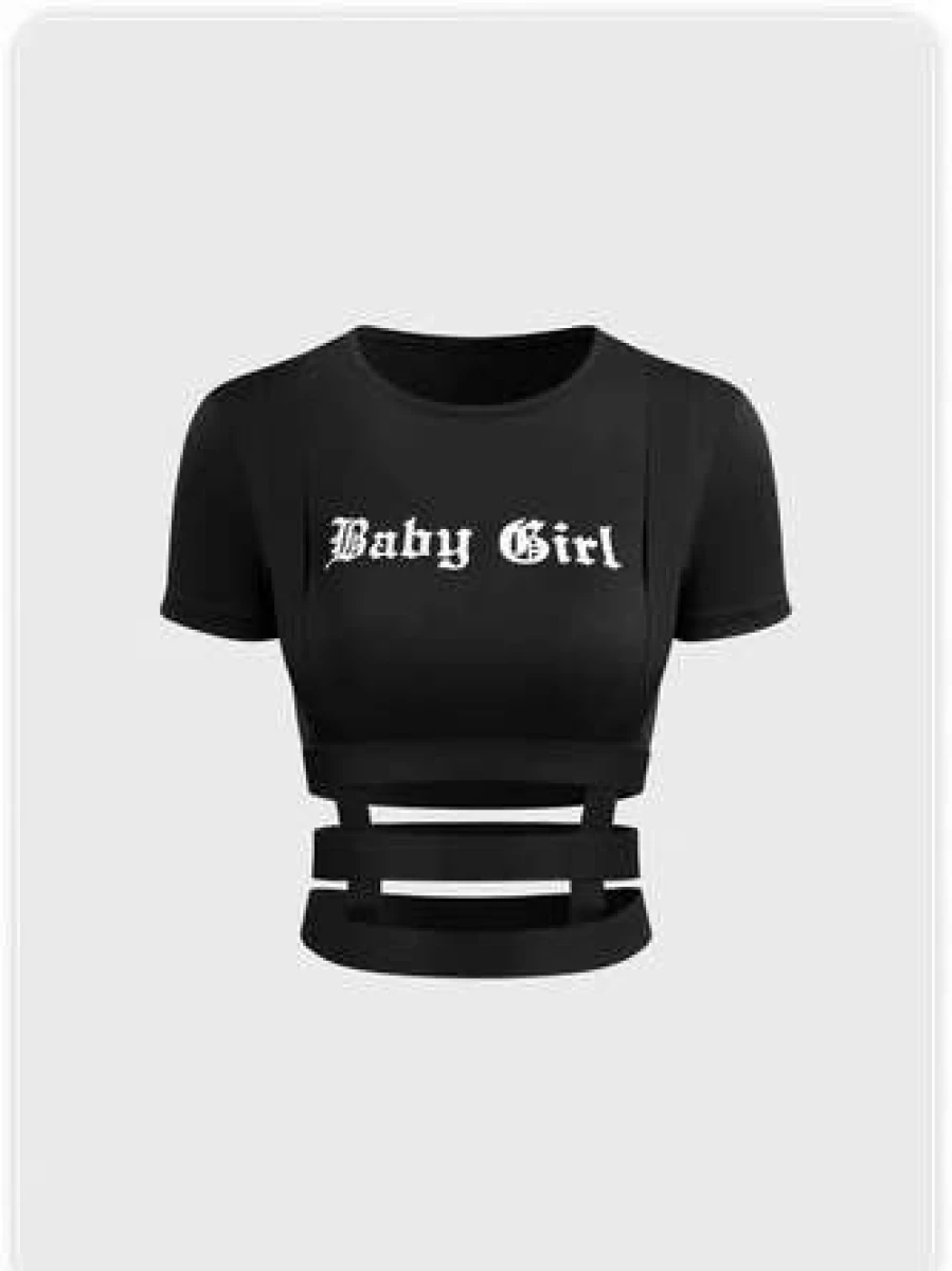 "Kollyy Black Street Style Cut Out T-Shirt for Women"