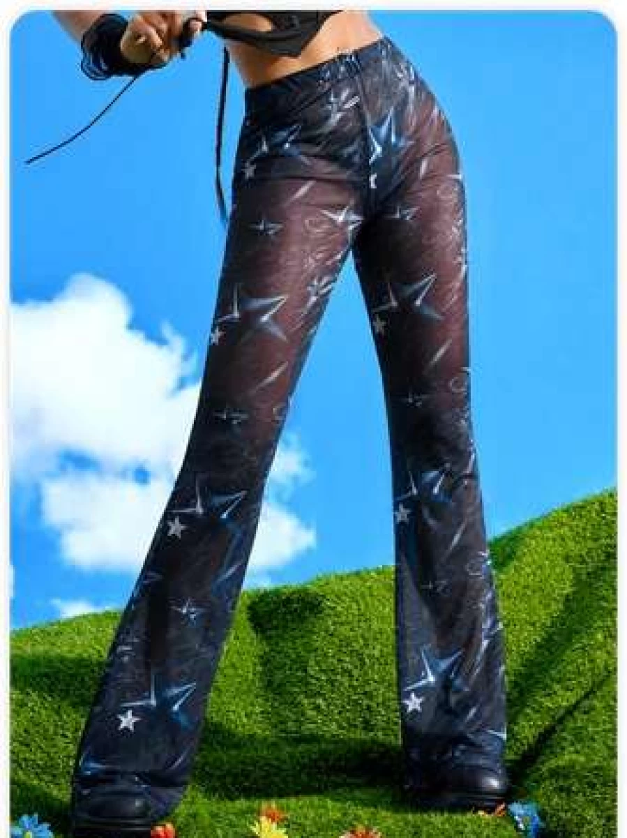 Black Y2K Mesh Star Bottom Pants - Edgy Retro Streetwear Style