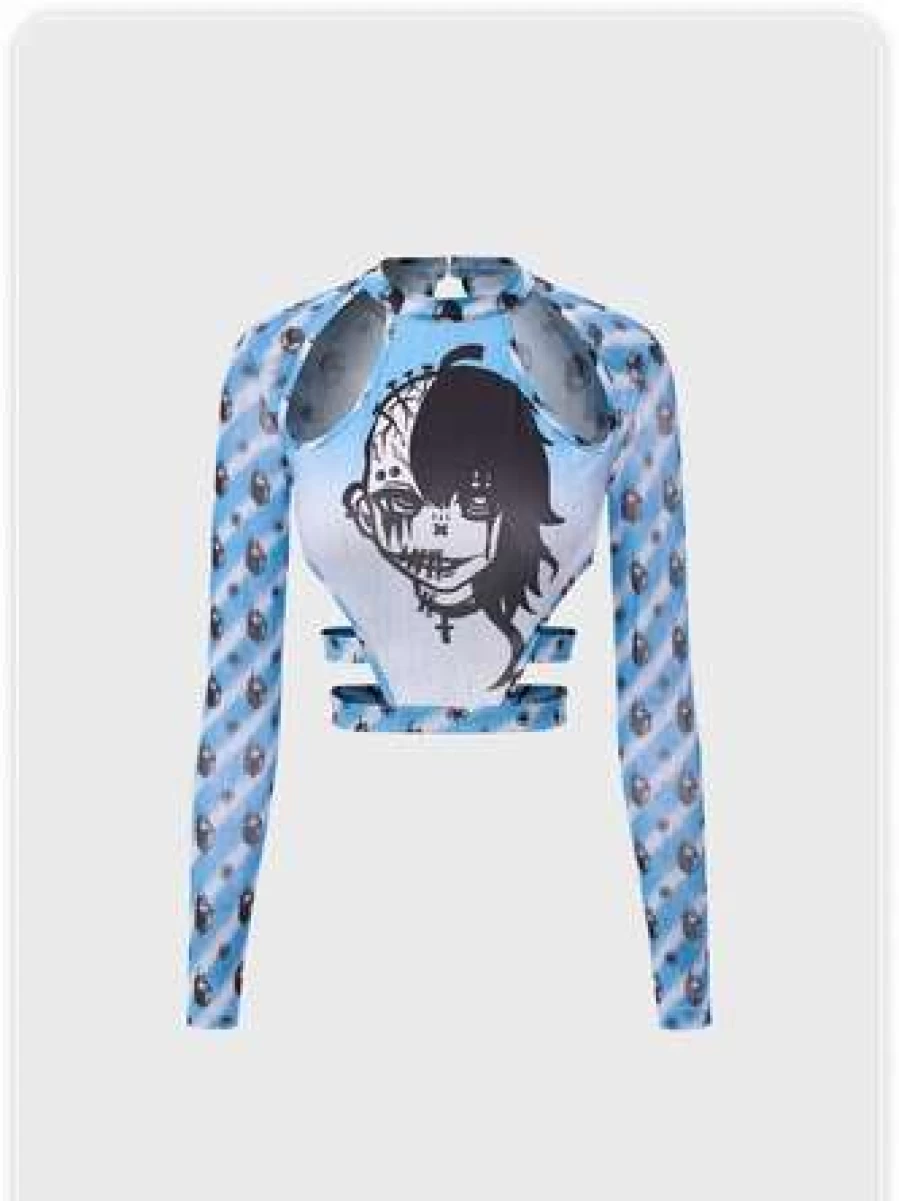 "Blue Punk Skull Tiered Cut-Out Halloween Graphic T-Shirt for Men & Women"