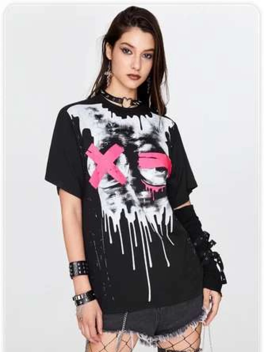 "Kollyy Punk Graffiti Oversized White T-Shirt - Halloween Graphic Top"