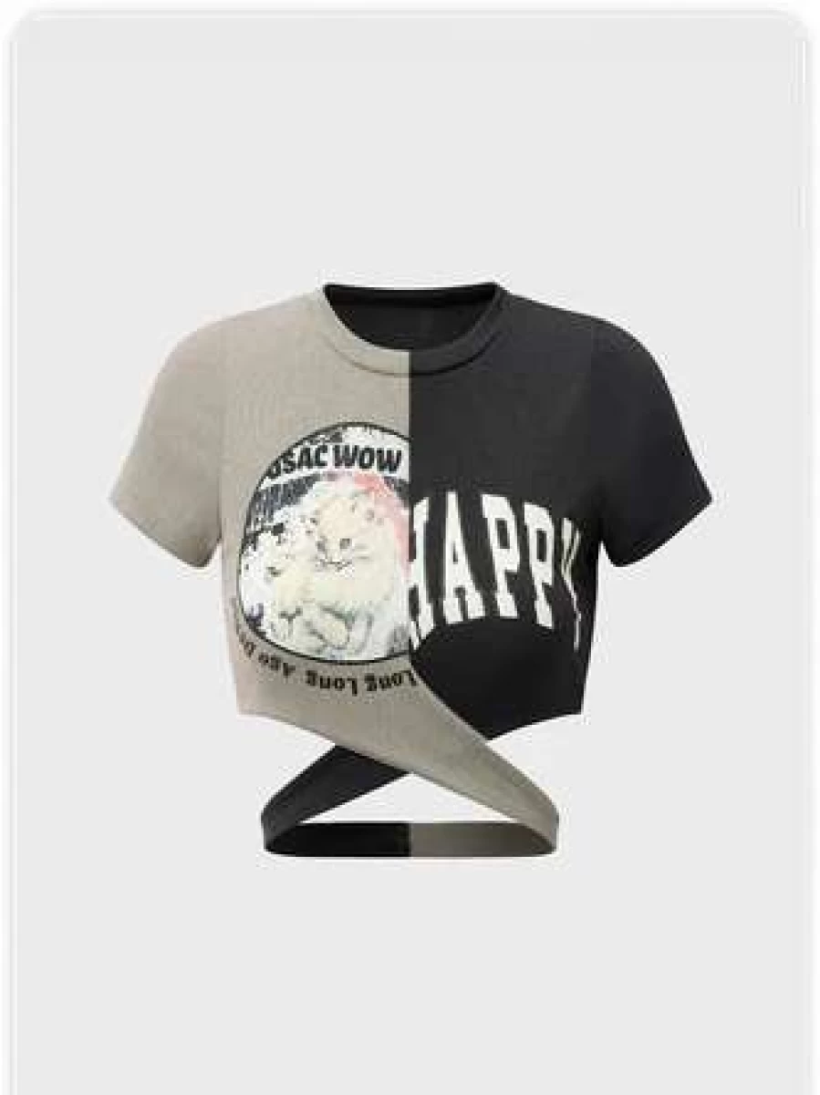 Kollyy Street Letter Patchwork Color Block T-Shirt in Deep Gray