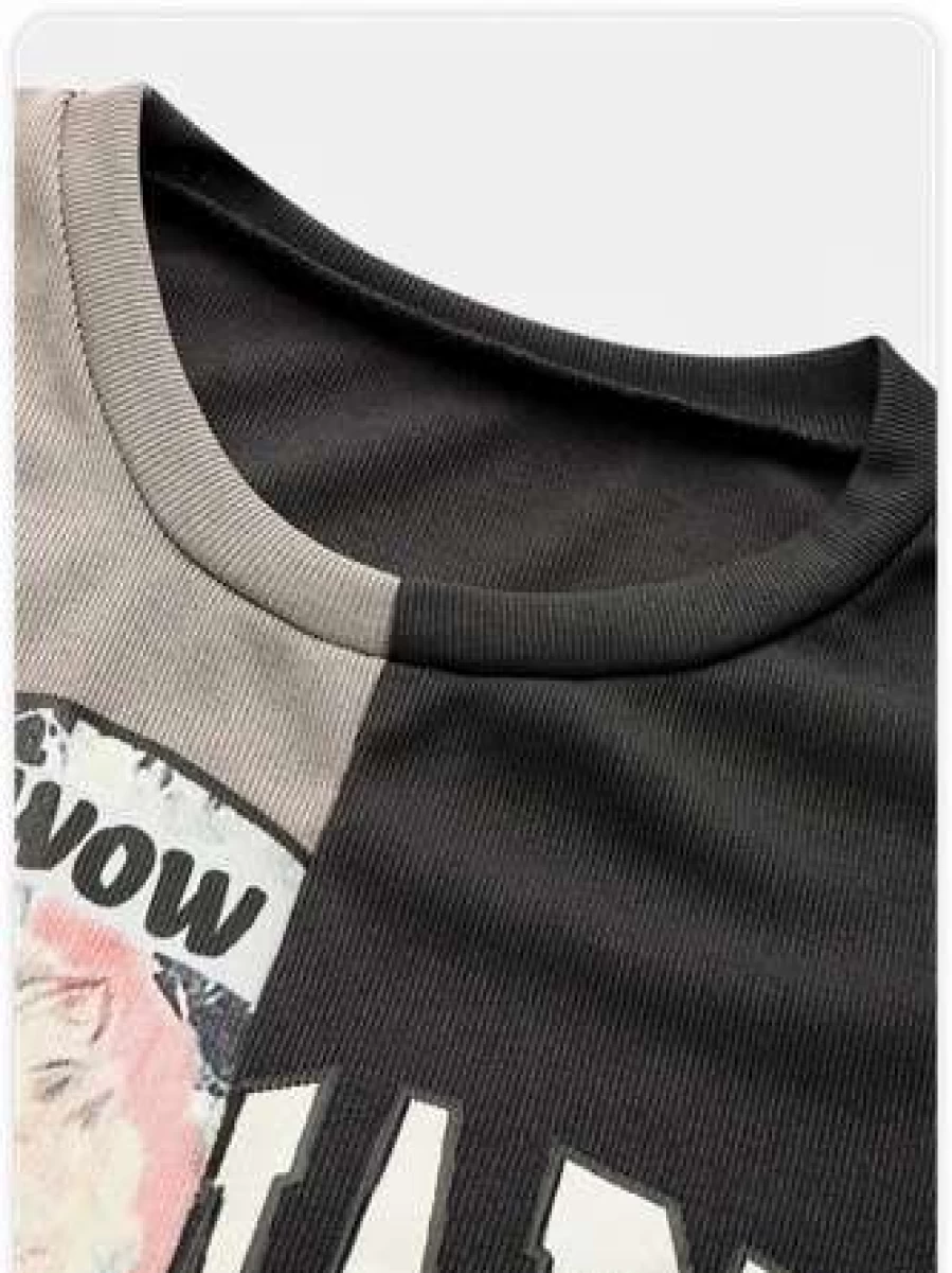Kollyy Street Letter Patchwork Color Block T-Shirt in Deep Gray