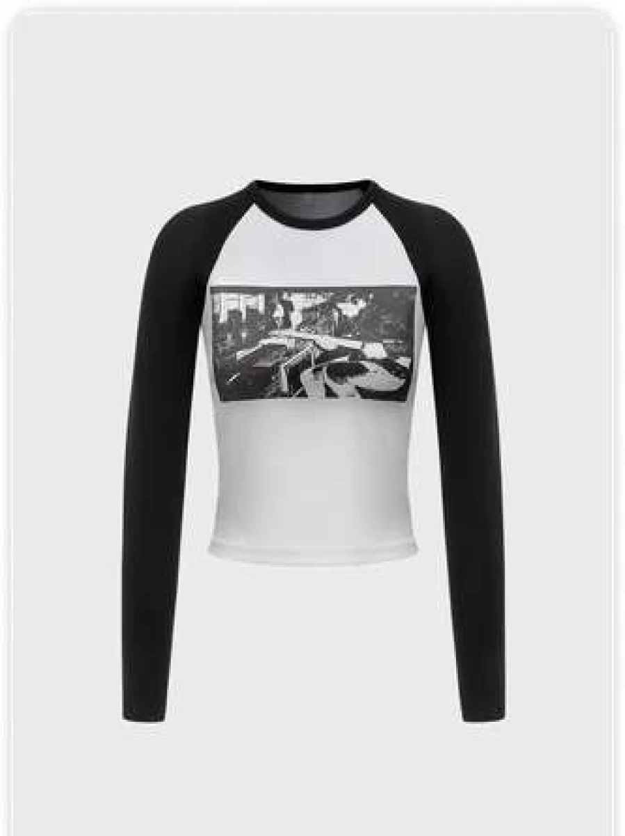 Kollyy Street Figure Graphic T-Shirt - Black and White Urban Style Top