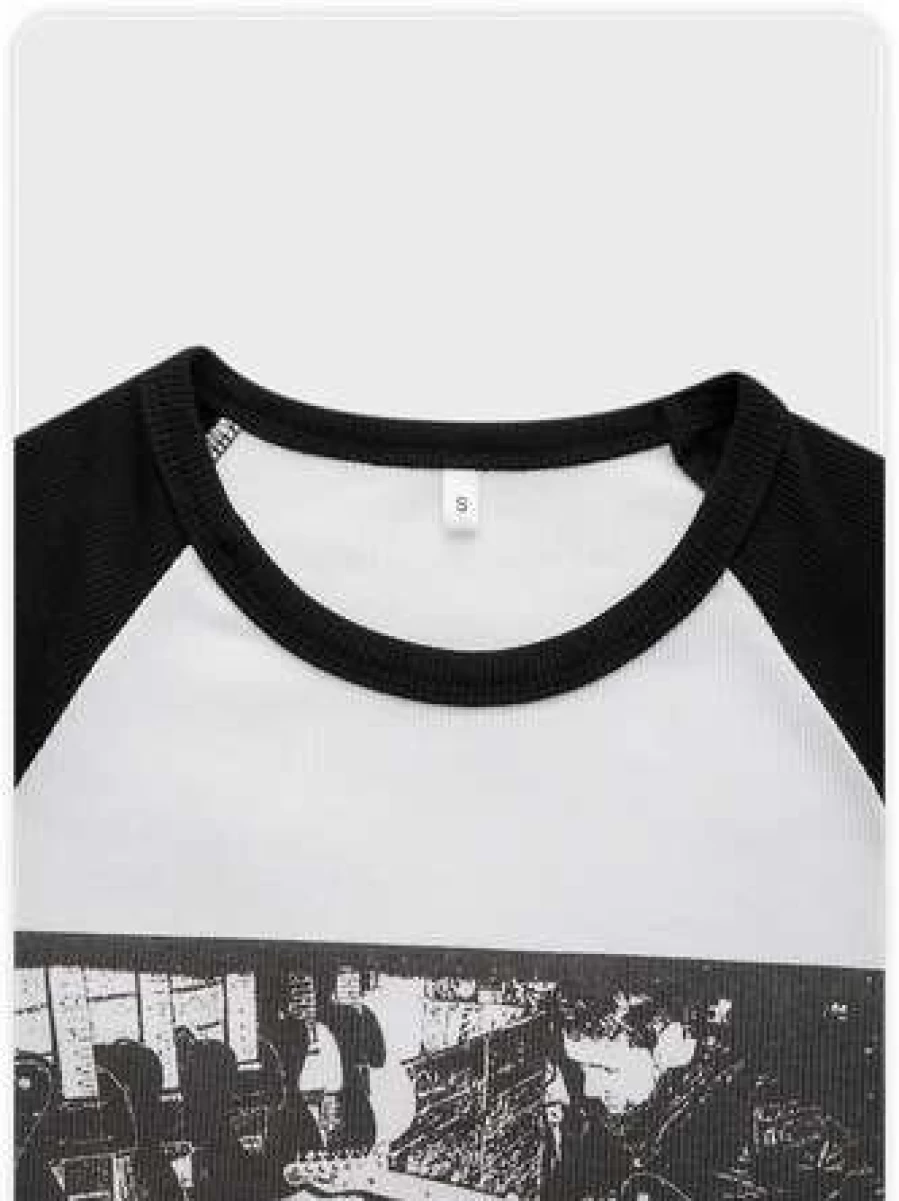 Kollyy Street Figure Graphic T-Shirt - Black and White Urban Style Top