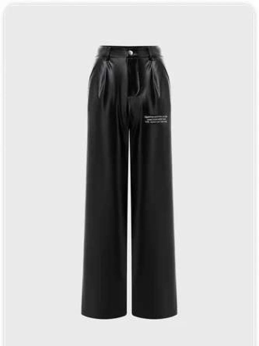 Kollyy Black High-Waisted PU Leather Streetwear Pants for Women