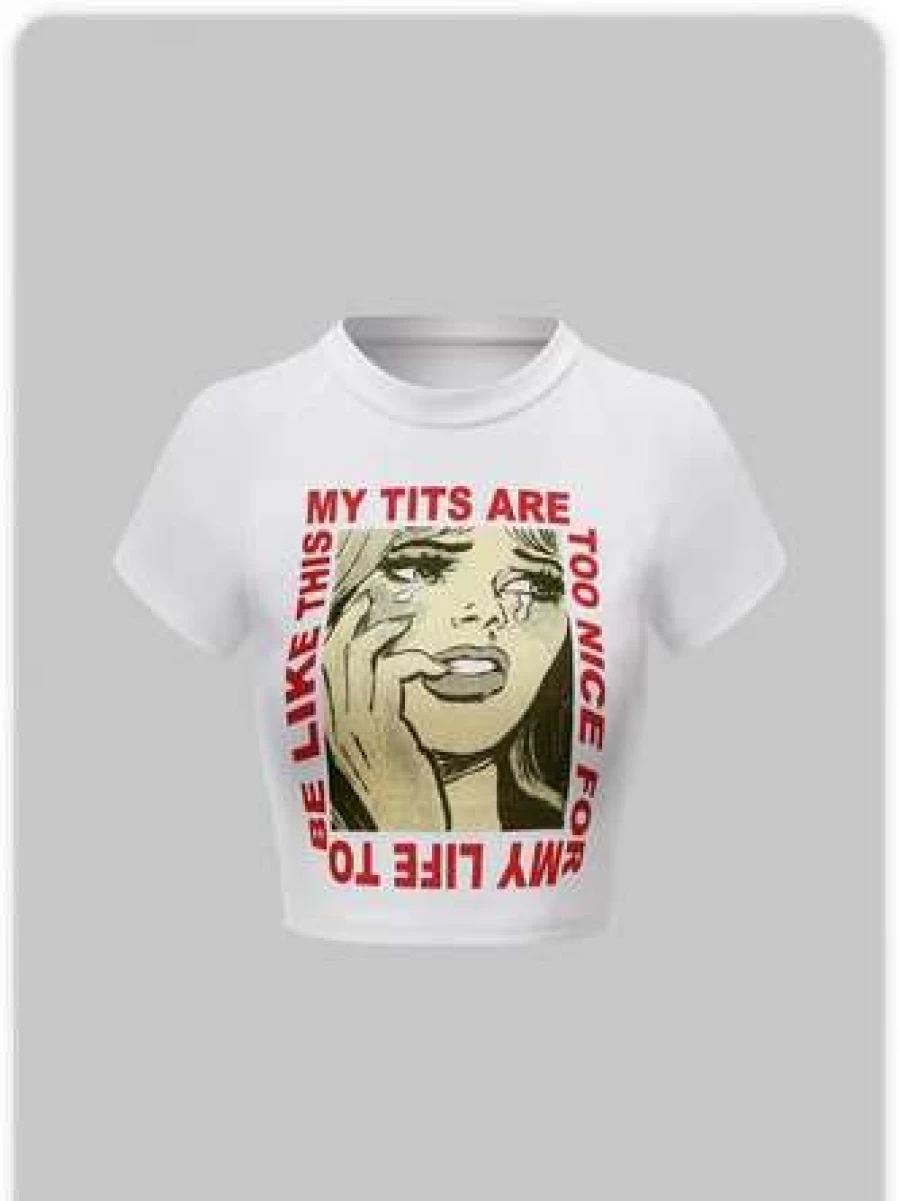 "Kollyy White Street Style Graphic Letter Print Top T-Shirt"