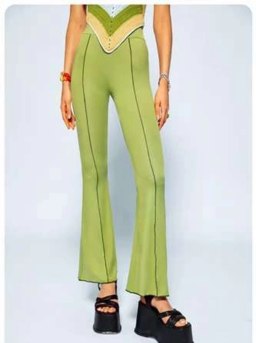 Y2K High Waisted Slim Flare Pants in Green - Trendy Retro Bottoms