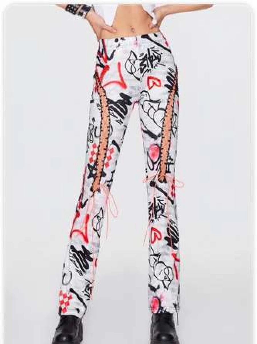 White Punk Lace-Up Graffiti Halloween Pants with Bold Design