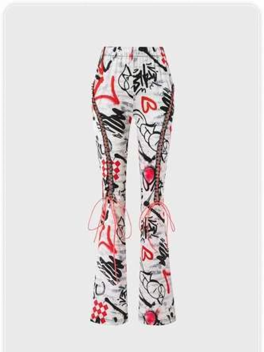 White Punk Lace-Up Graffiti Halloween Pants with Bold Design