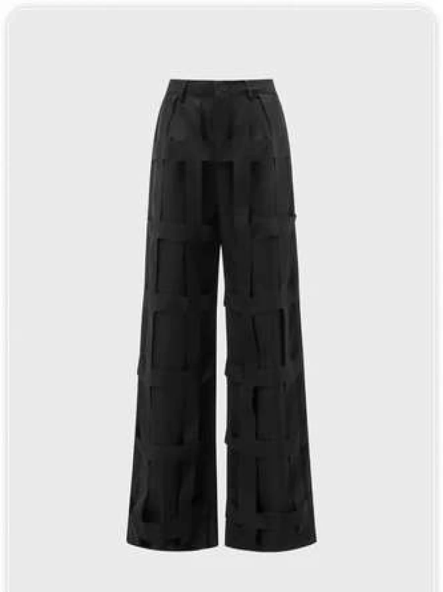 Kollyy Black Street Style Double Layer Cut Out High Waist Pants for Women