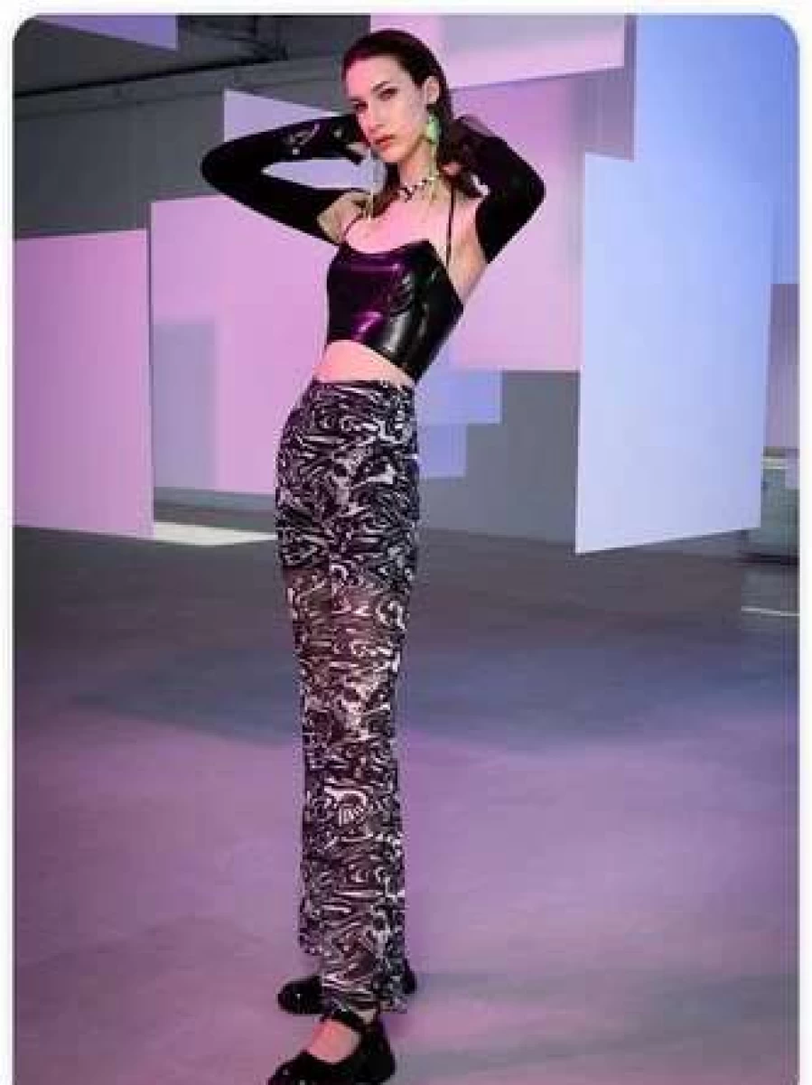 Kollyy Black Street Style Water Wave Mesh Panel Pants for Women