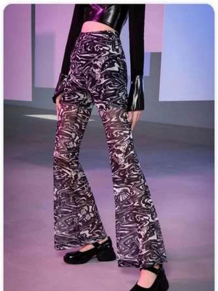Kollyy Black Street Style Water Wave Mesh Panel Pants for Women