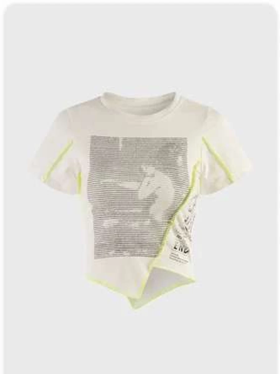 "Kollyy Street White Raw Edge Short Sleeve T-Shirt for Women"