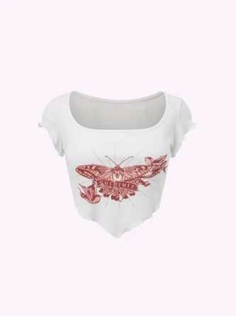 Y2K White Butterfly Print Square Neck T-Shirt Vintage Retro Style Top