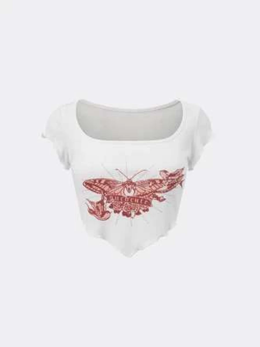 Y2K White Butterfly Print Square Neck T-Shirt Vintage Retro Style Top
