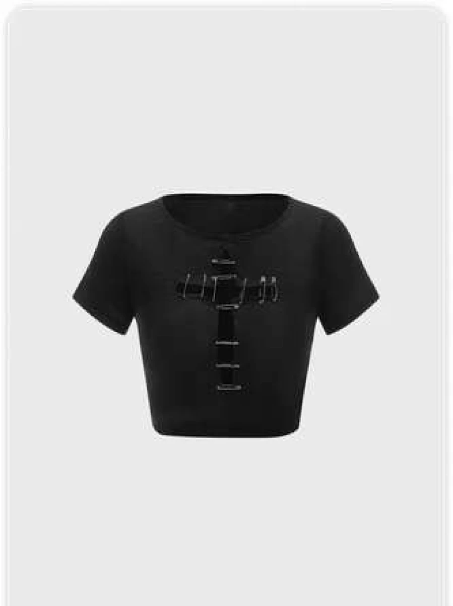 "Kollyy Street Black Metal Cut Out Graphic T-Shirt for Men and Women"